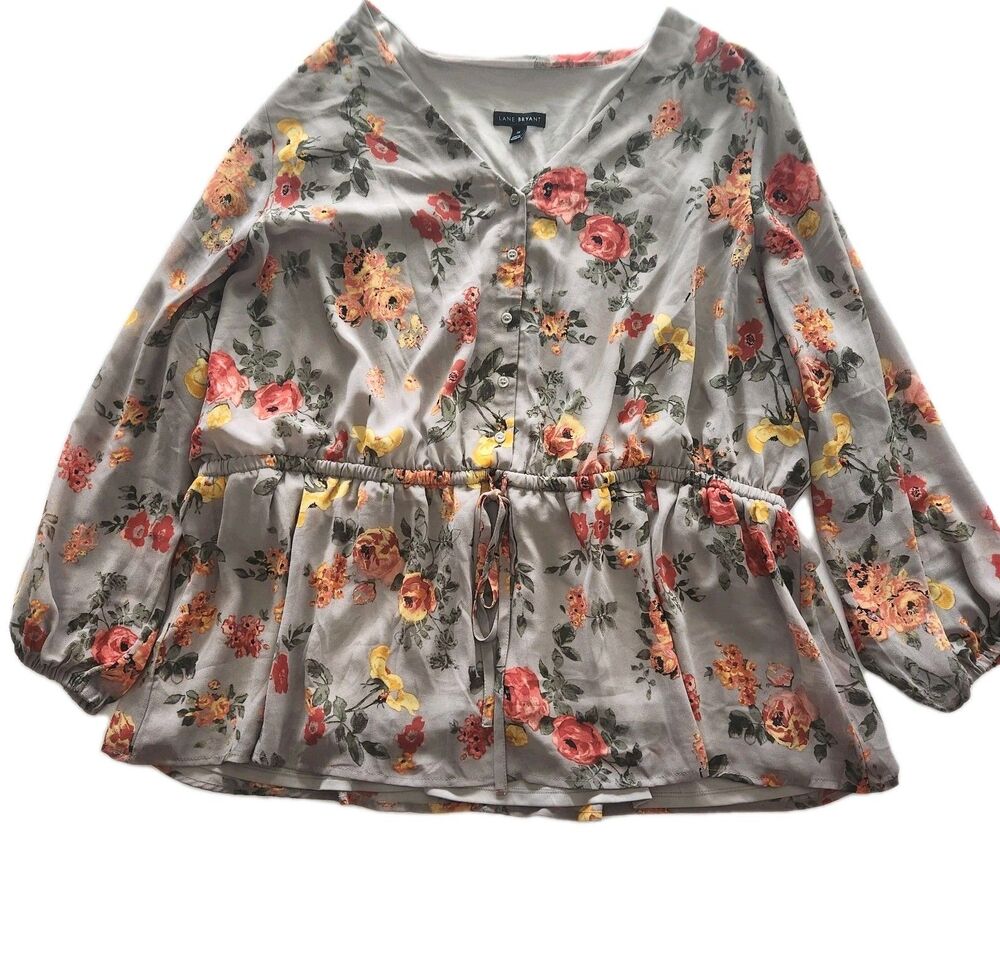 Lane Bryant Long Sleeve Vneck Pop Over Gray Floral Blouse Women SZ 26